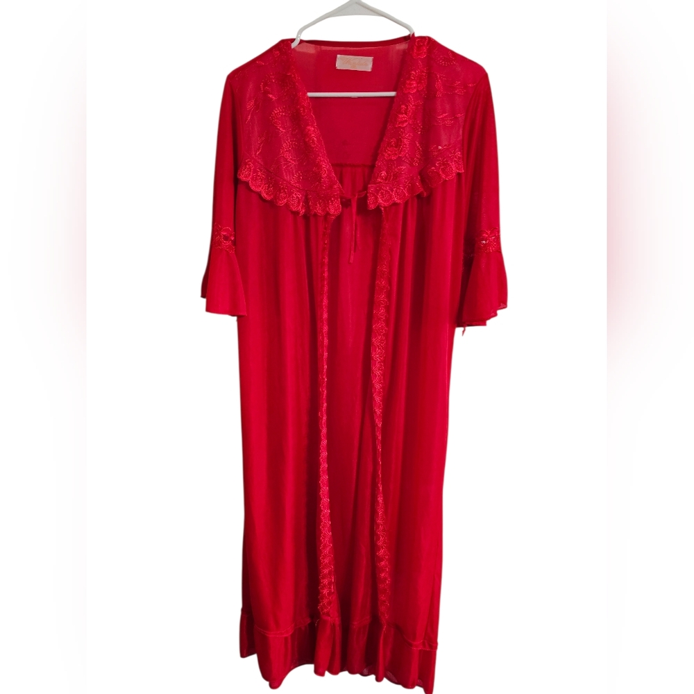 Wanlida Womens Red Sheer Lace Robe XXL Vintage Lingerie Romantic Boudoir 80s - Picture 2 of 8